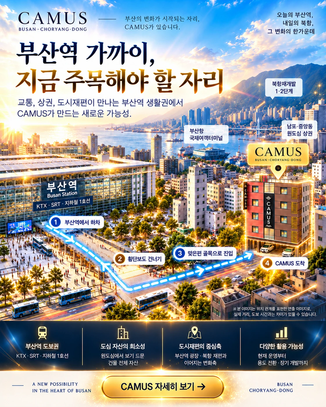 부산역 가까이, 지금 주목해야 할 자리. 부산역에서 CAMUS까지의 위치와 자산 특징을 안내하는 CAMUS 캠페인 이미지